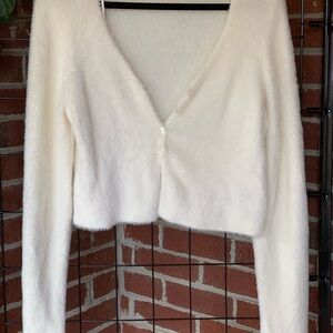 Aeropostale Creamy White Fuzzy V-Neck Cropped Cardigan